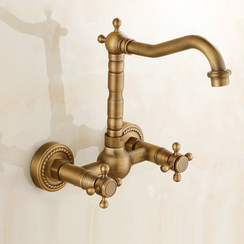 Vintage Bathtub Faucet with Two Cross Handles Made of Pure Copper Wall-Mounted Fixture