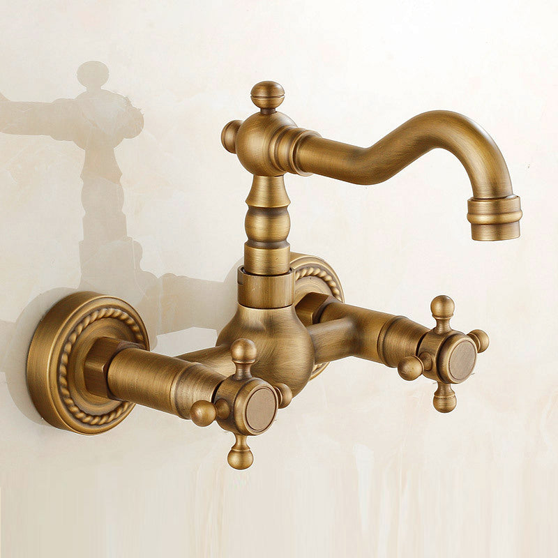 Vintage Bathtub Faucet with Two Cross Handles Made of Pure Copper Wall-Mounted Fixture
