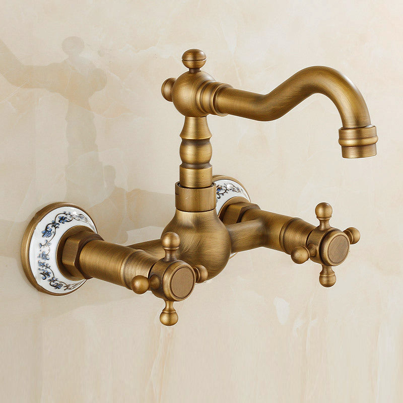 Vintage Bathtub Faucet with Two Cross Handles Made of Pure Copper Wall-Mounted Fixture