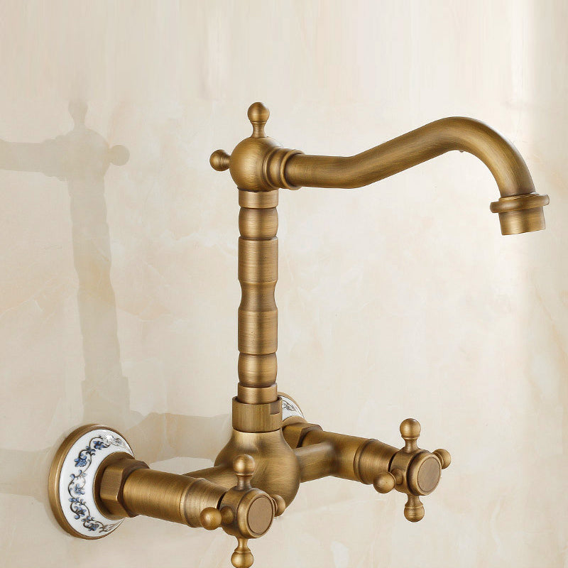 Vintage Bathtub Faucet with Two Cross Handles Made of Pure Copper Wall-Mounted Fixture