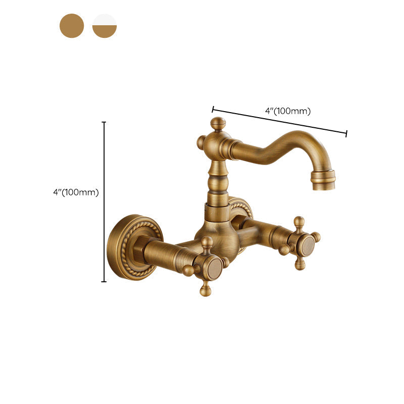 Vintage Bathtub Faucet with Two Cross Handles Made of Pure Copper Wall-Mounted Fixture