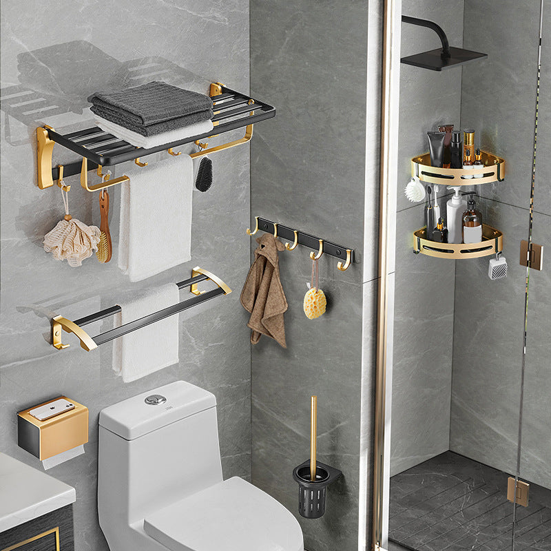 Contemporary Bath Accessories Set Black & Golden Bath Shelf/Towel Bar
