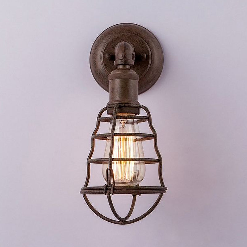 Rust Finish Mini Wall Lamp with Cage Shade Antique Style Iron 1 Light Farmhouse Wall Mount Lighting