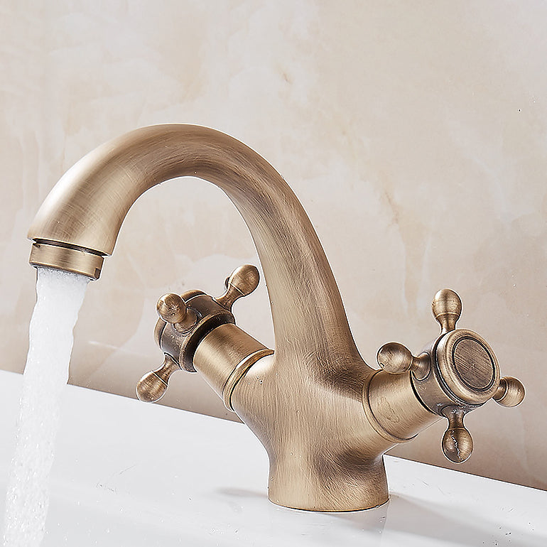 Glam Vanity Sink Faucet Brass Cross Handles Low Arc Basin Faucet