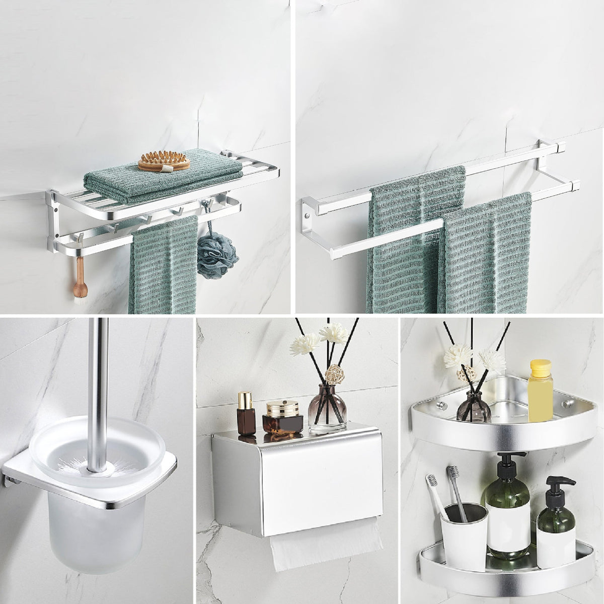 Contemporary Metal 6-piece Bathroom Accessory Set with Bathroom Shelf