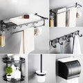 6-piece modern bathroom hardware set in matte black with bathroom shelf/towel holder & bathrobe hooks