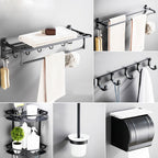 6-piece modern bathroom hardware set in matte black with bathroom shelf/towel holder & bathrobe hooks