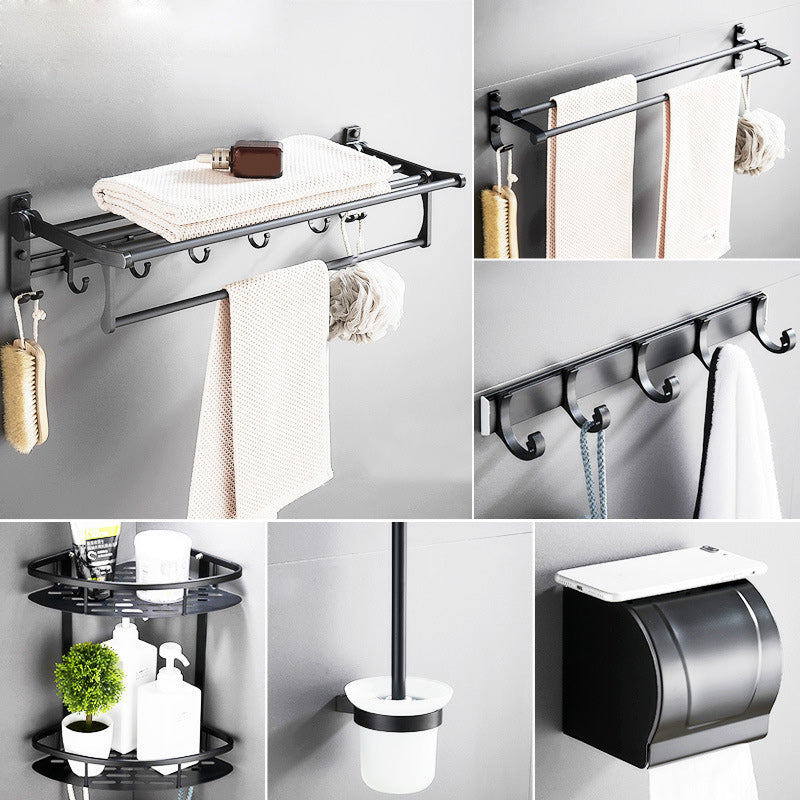 6-piece modern bathroom hardware set in matte black with bathroom shelf/towel holder & bathrobe hooks