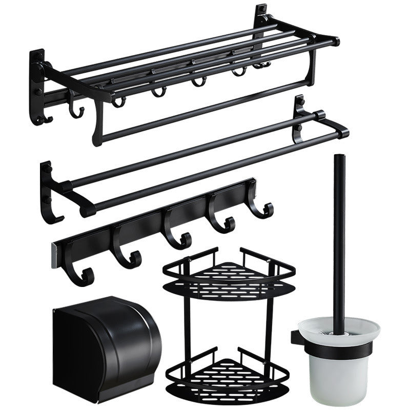 6-piece modern bathroom hardware set in matte black with bathroom shelf/towel holder & bathrobe hooks