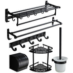6-piece modern bathroom hardware set in matte black with bathroom shelf/towel holder & bathrobe hooks