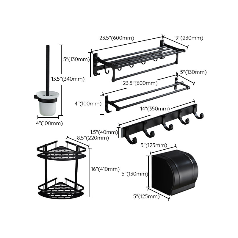 6-piece modern bathroom hardware set in matte black with bathroom shelf/towel holder & bathrobe hooks