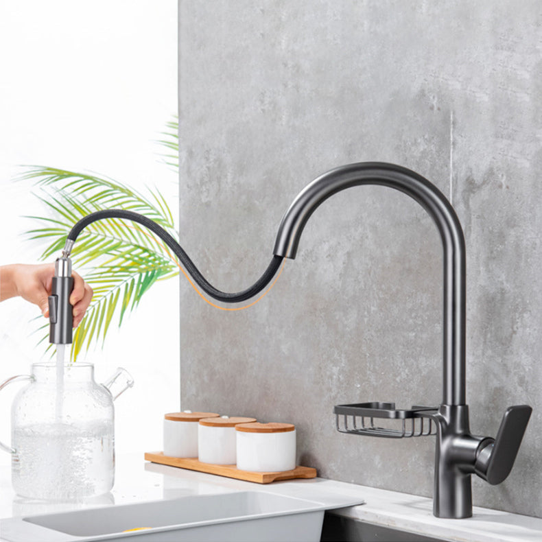 Goose Neck Kitchen Sink Faucet Three-Way Flow with Pull-Down Spray Head