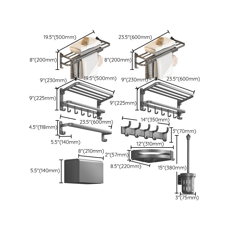 Modern gray bathroom hardware set with bath shelf/towel holder/robe hook/toilet paper holder