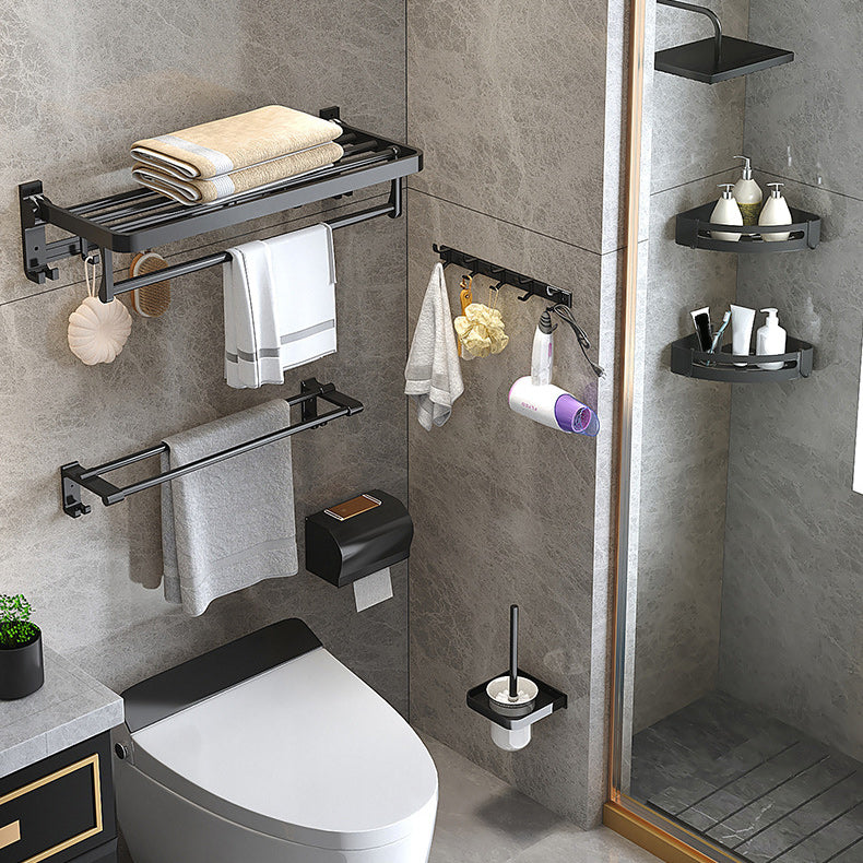 Modern Matte Black Bathroom Accessory Set with Bath Shelf/Towel Hooks/Towel Bar