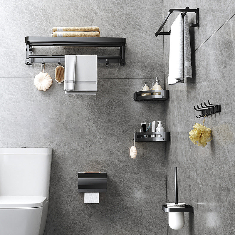 Modern Matte Black Bathroom Accessory Set with Bath Shelf/Towel Hooks/Towel Bar