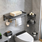 Modern Matte Black Bathroom Accessory Set with Bath Shelf/Towel Hooks/Towel Bar