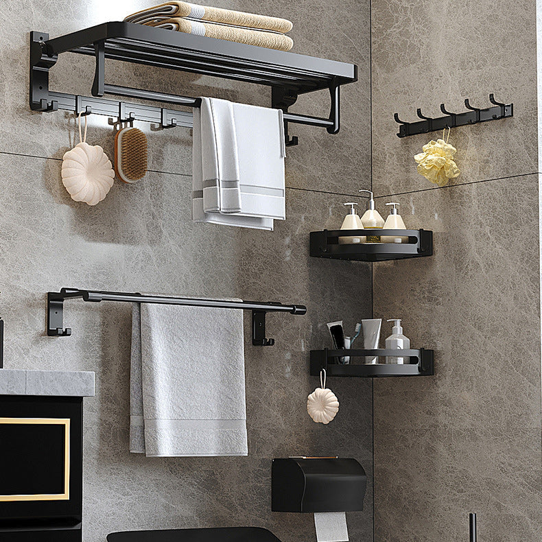 Modern Matte Black Bathroom Accessory Set with Bath Shelf/Towel Hooks/Towel Bar