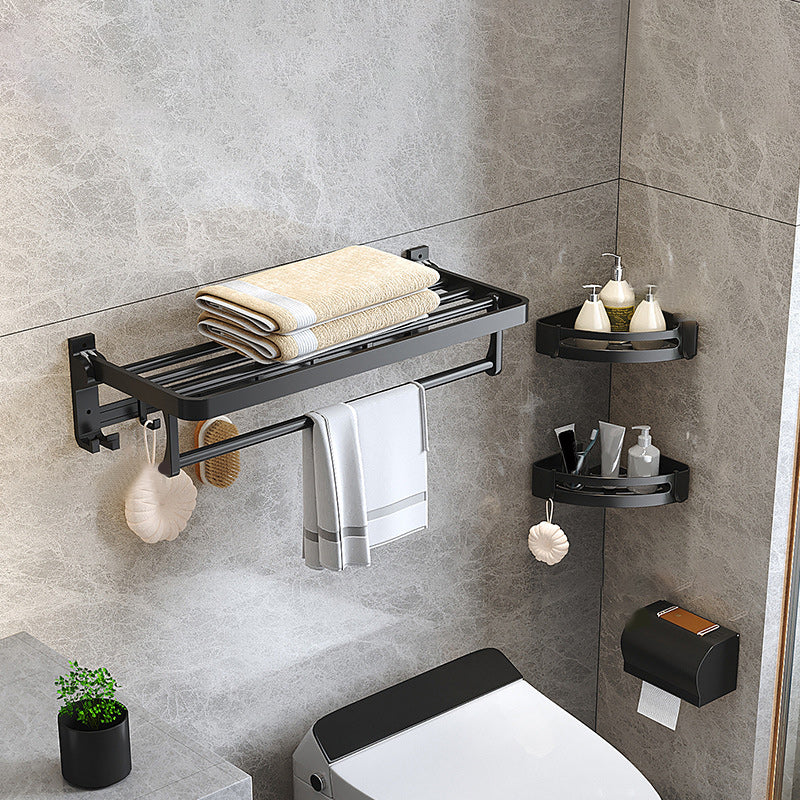 Modern Matte Black Bathroom Accessory Set with Bath Shelf/Towel Hooks/Towel Bar