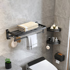 Modern Matte Black Bathroom Accessory Set with Bath Shelf/Towel Hooks/Towel Bar