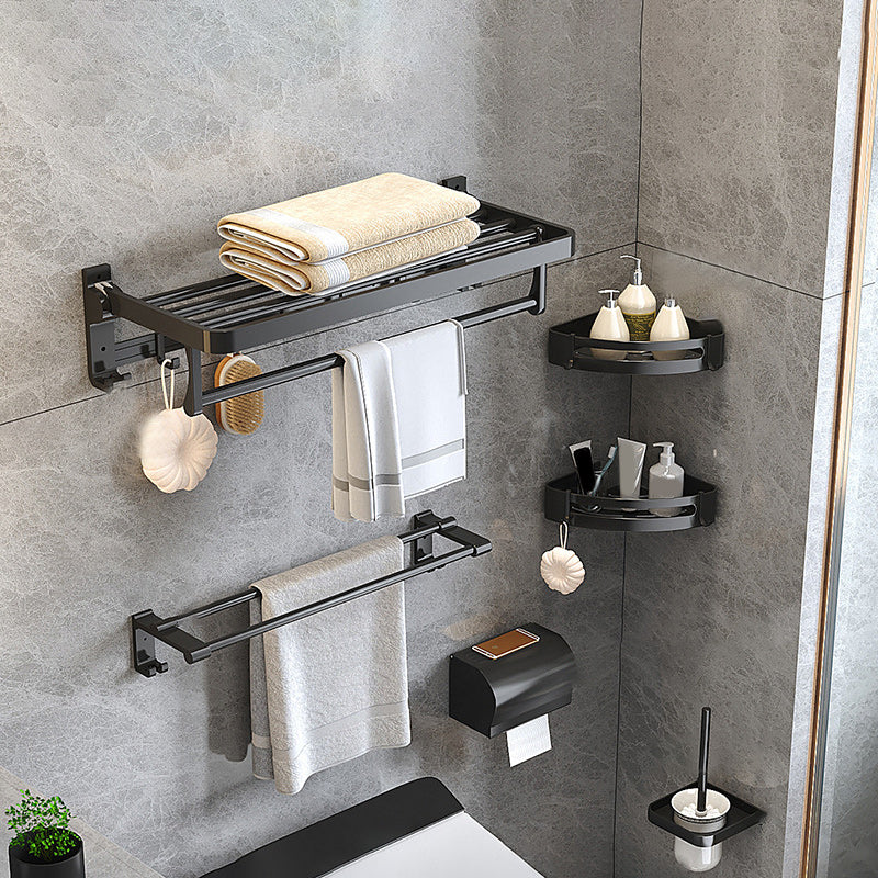 Modern Matte Black Bathroom Accessory Set with Bath Shelf/Towel Hooks/Towel Bar