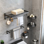 Modern Matte Black Bathroom Accessory Set with Bath Shelf/Towel Hooks/Towel Bar