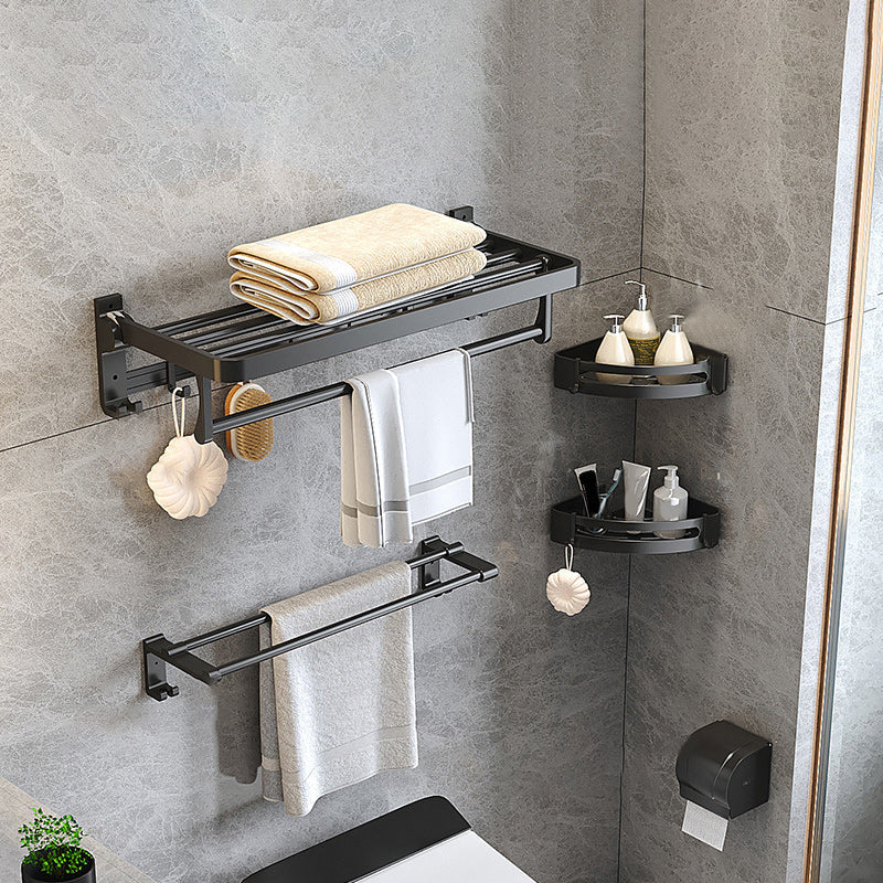 Modern Matte Black Bathroom Accessory Set with Bath Shelf/Towel Hooks/Towel Bar