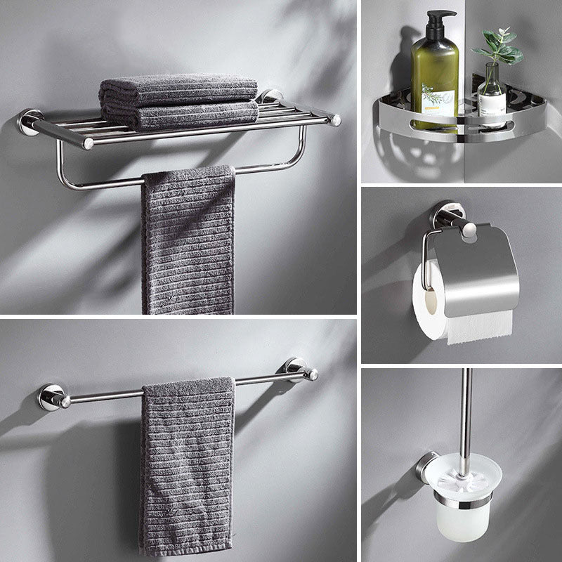 Polished Chrome 5-piece modern bathroom accessory set with bathroom shelf