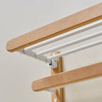 Modern natural bathroom accessories as a single piece or in a set made of solid wood