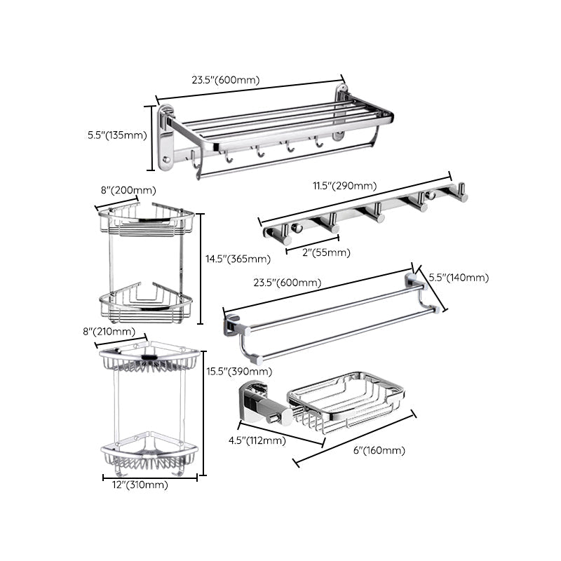 Contemporary Bathroom Accessories Hardware Set in Silver Metal