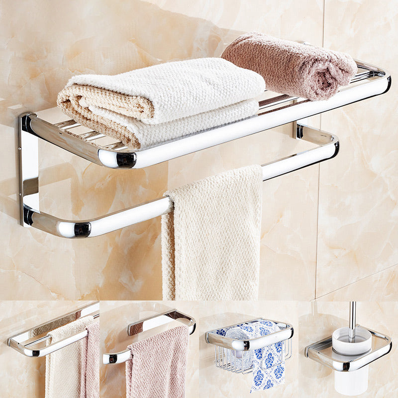 Contemporary silver bathroom set with bathroom shelf and towel rail