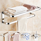 Contemporary silver bathroom set with bathroom shelf and towel rail