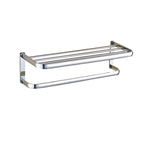 Contemporary silver bathroom set with bathroom shelf and towel rail