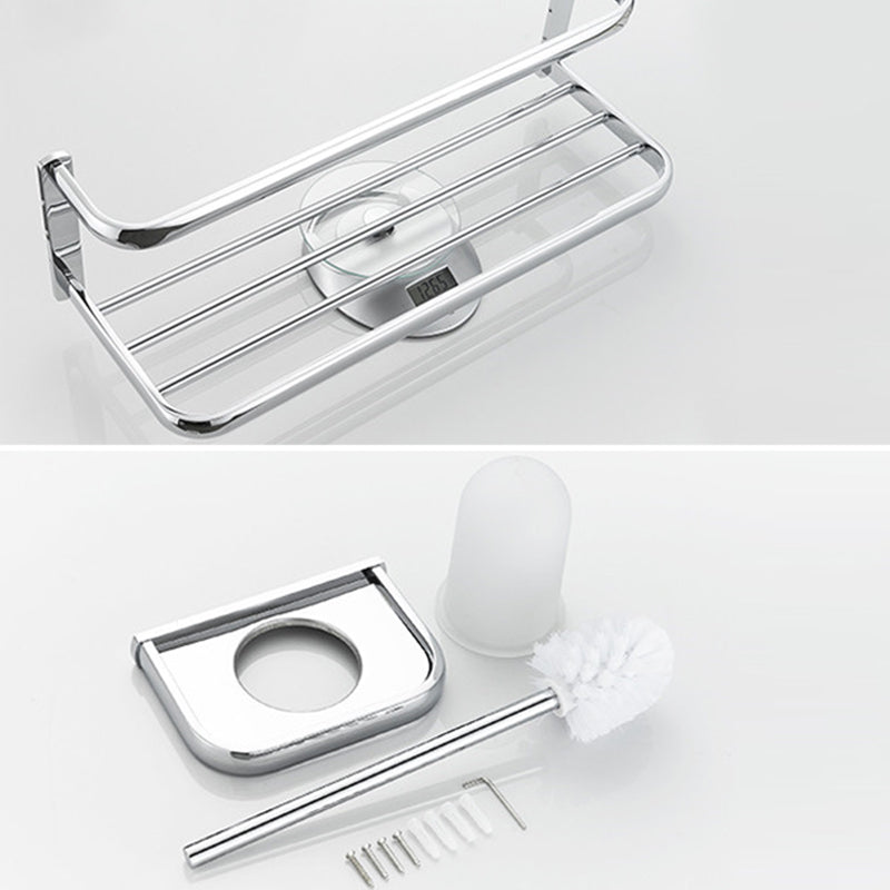 Contemporary silver bathroom set with bathroom shelf and towel rail