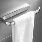 Contemporary silver bathroom set with bathroom shelf and towel rail