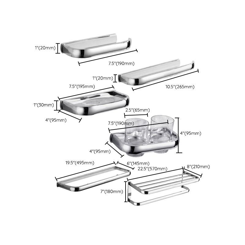 Contemporary silver bathroom set with bathroom shelf and towel rail