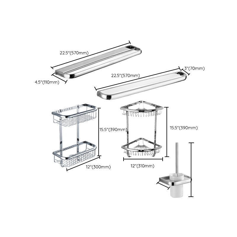 Contemporary silver bathroom set with bathroom shelf and towel rail