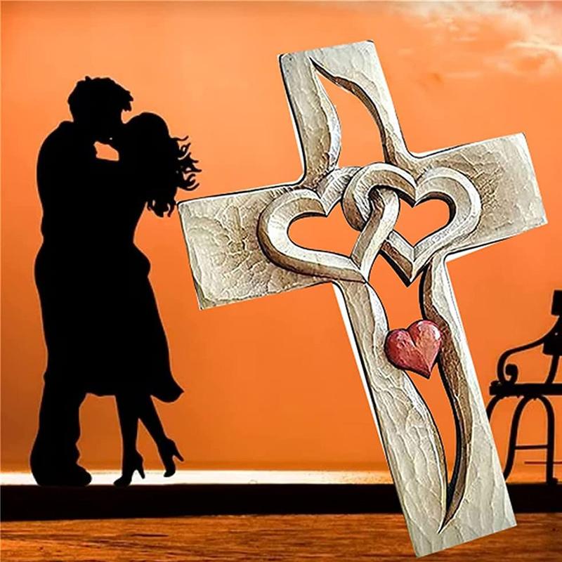 Hand-carved wooden cross - Intertwined hearts