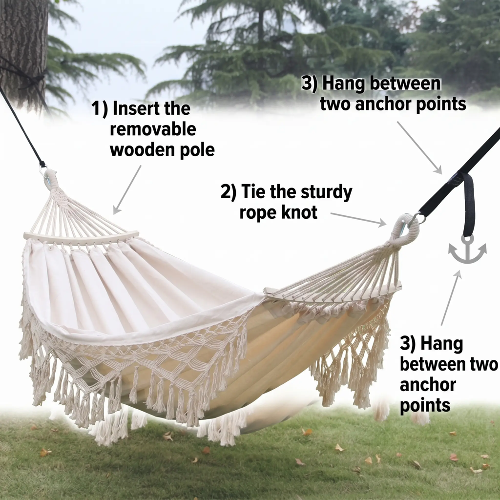 200x150cm Double Outdoor Camping Fringe Canvas Hammock with Pole (White)