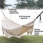 200x150cm Double Outdoor Camping Fringe Canvas Hammock with Pole (White)