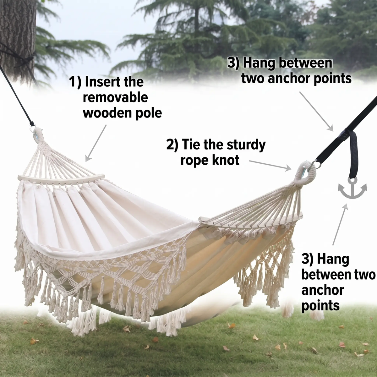 200x150cm Double Outdoor Camping Fringe Canvas Hammock with Pole (White)