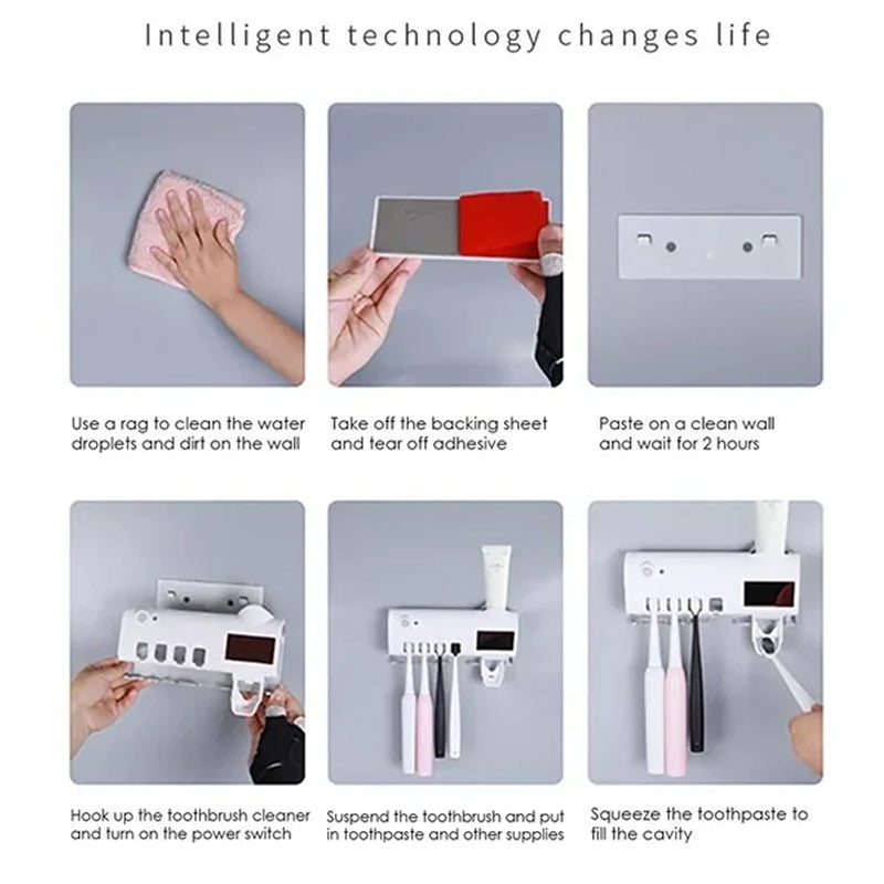 Smart UV Light Sterilizer Toothbrush Holder, Wall Mounted Toothpaste Dispenser