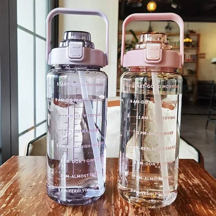 2L Portable Sports Water Bottle with Straw and Time Markings