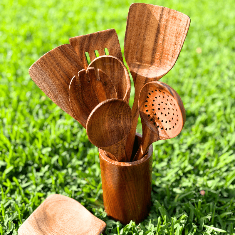 Sustainable wooden cooking utensil set