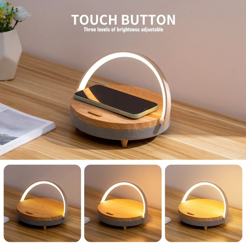 Multifunctional Wooden Table Lamp with Bluetooth Speaker & Wireless Charger