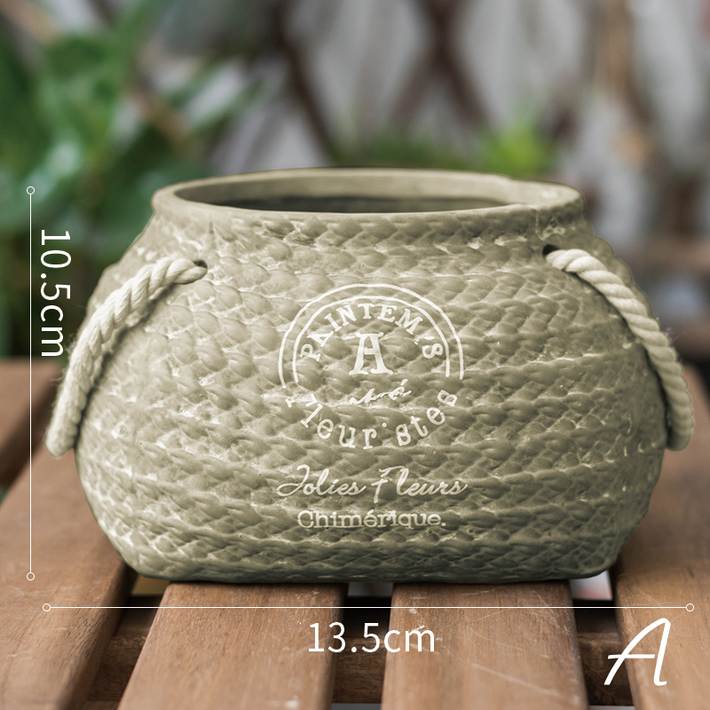 Ceramic Plant Pot in Hemp Bag Design with Rope Handles – Decorative Flower Pot for Garden and Home