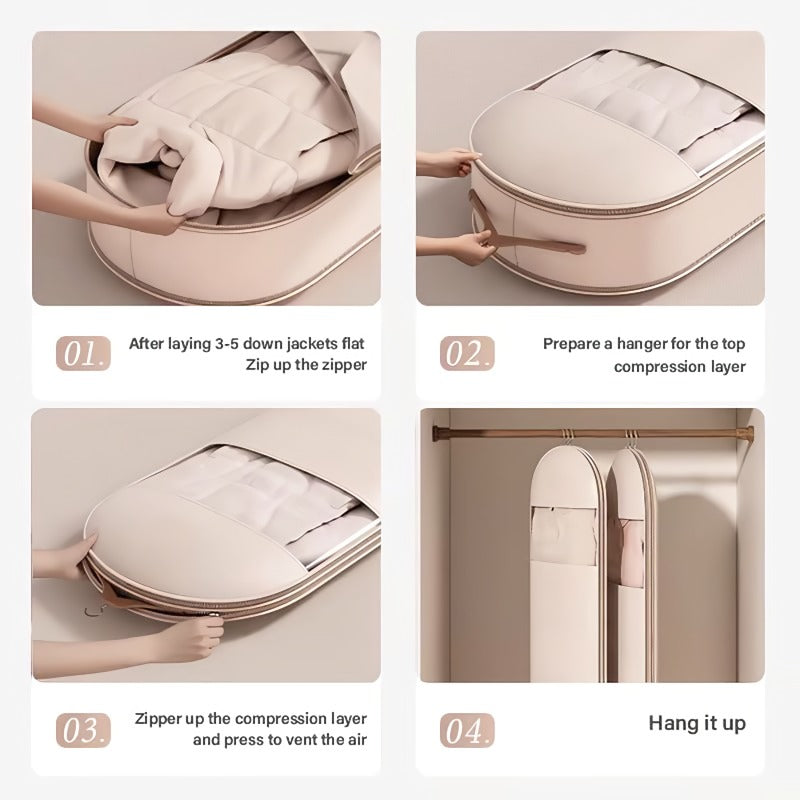 Space saving hanging garment bag with self-compressing zipper