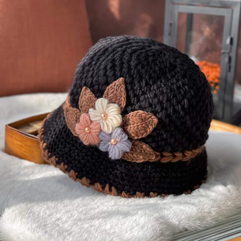 French Thick Women's Flower Knit Wool Hat