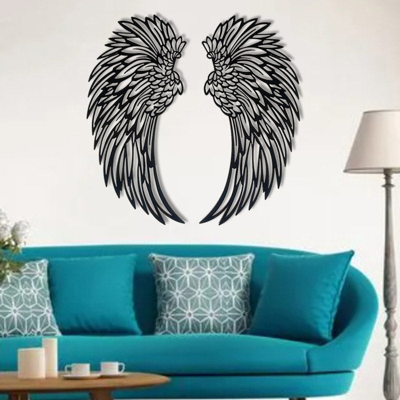 Metal wall art with angel wings and LED lights