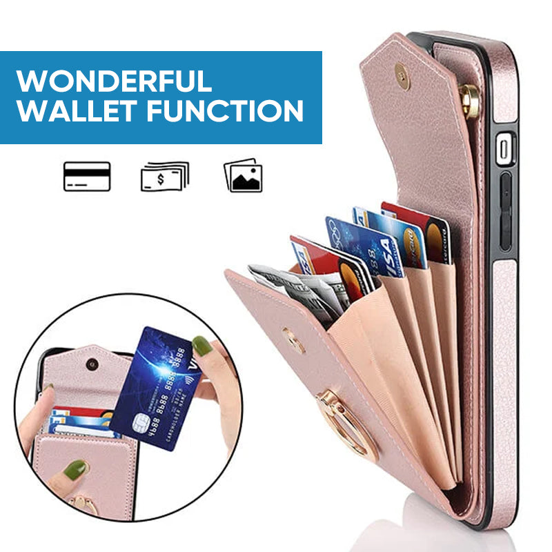 Leather Wallet Case with Ring & Lanyard for iPhone