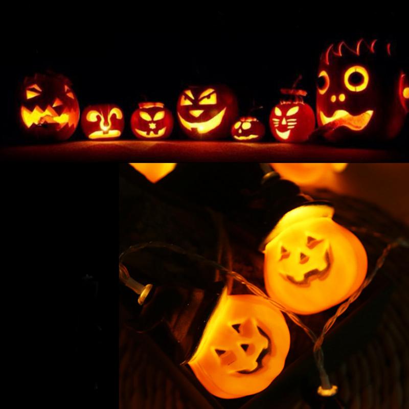 Glowing pumpkin garland Halloween with witch hats